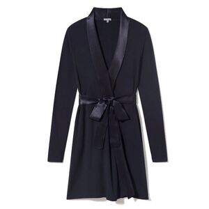 PJ Harlow Elijah Rib Knit Long-Sleeve Robe Satin Trim Belt Navy Blue Women's XL